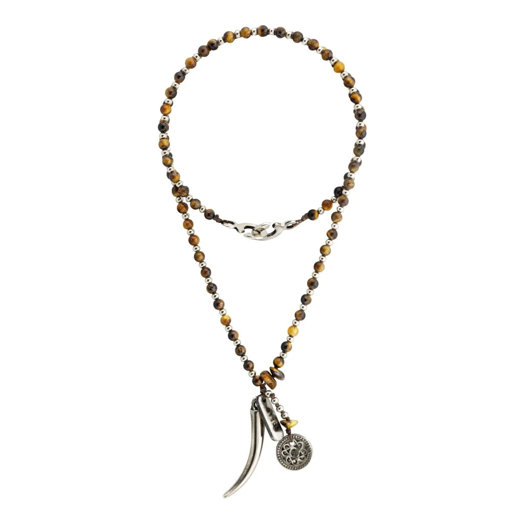 Collar de 34cm con piedras 4mm, con mini esferas moneda tibetana y colmillo en acero pulido - Joyería y bisutería fina