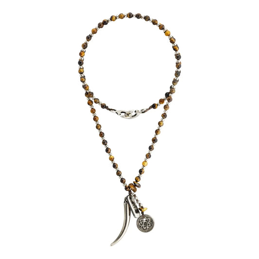 Collar de 34cm con piedras 4mm, con mini esferas moneda tibetana y colmillo en acero pulido - Joyería y bisutería fina