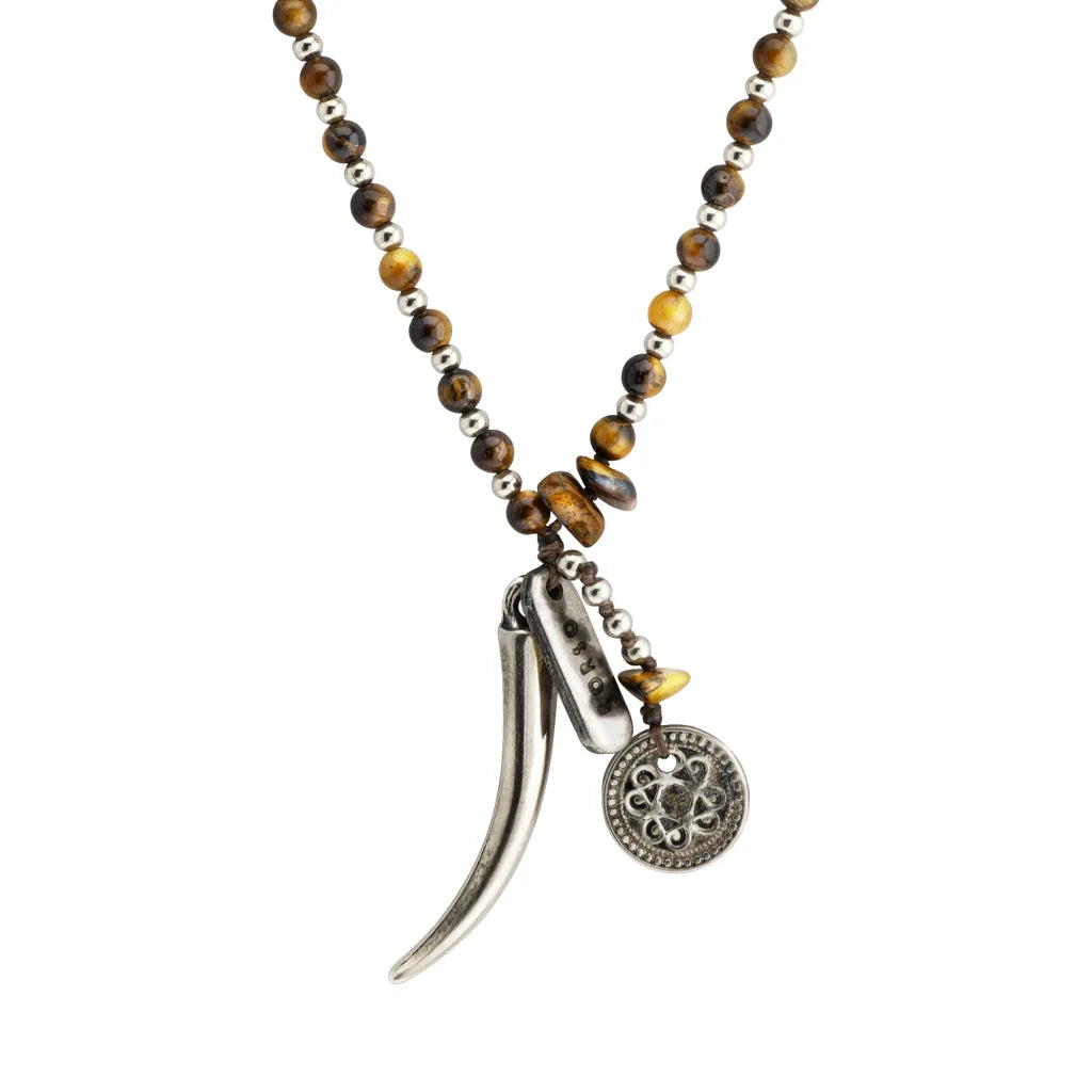 Collar de 34cm con piedras 4mm, con mini esferas moneda tibetana y colmillo en acero pulido - Joyería y bisutería fina
