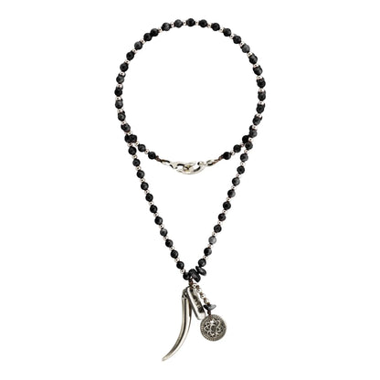 Collar de 34cm con piedras 4mm, con mini esferas moneda tibetana y colmillo en acero pulido - Joyería y bisutería fina
