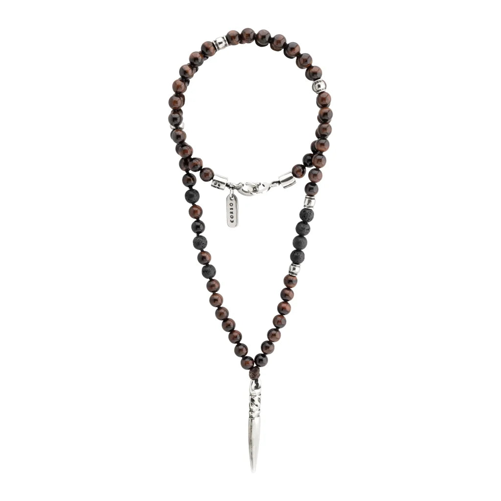Collar para hombre con piedras volcánicas y ojo de tigre rojo. Dije en forma de baqueta para cuenco tibetano en terminado acero pulido - Joyería y bisutería fina