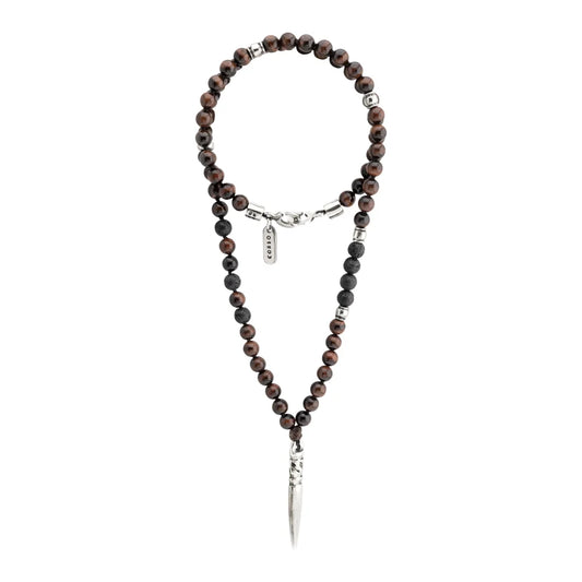 Collar para hombre con piedras volcánicas y ojo de tigre rojo. Dije en forma de baqueta para cuenco tibetano en terminado acero pulido - Joyería y bisutería fina