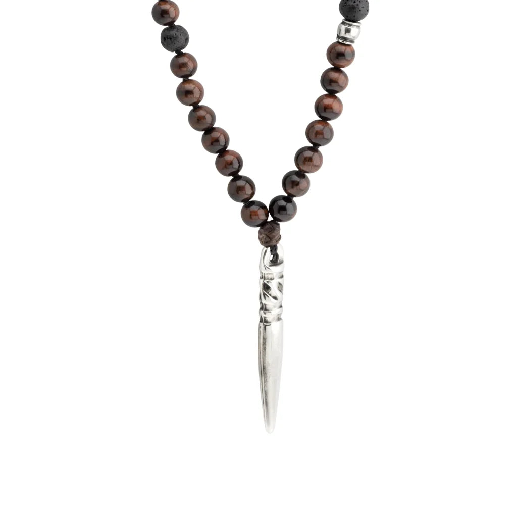 Collar para hombre con piedras volcánicas y ojo de tigre rojo. Dije en forma de baqueta para cuenco tibetano en terminado acero pulido - Joyería y bisutería fina