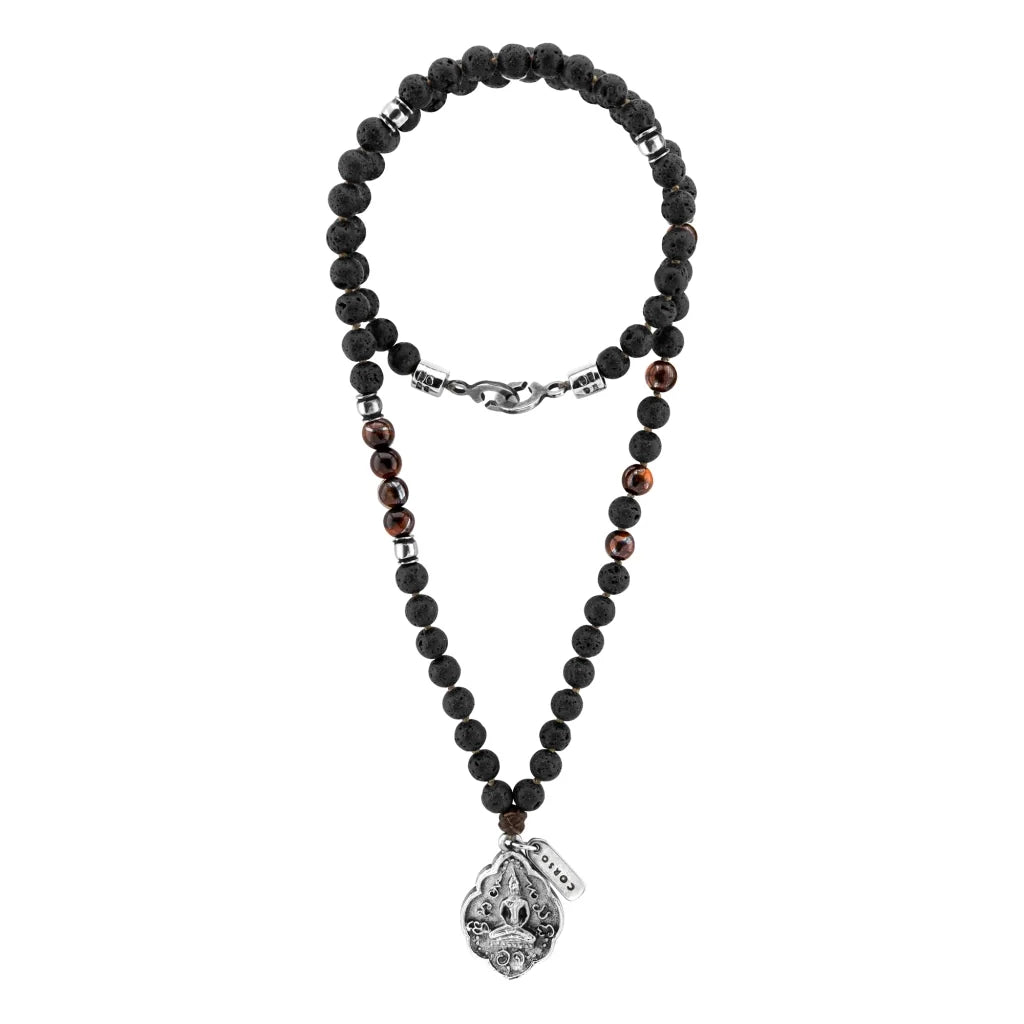 Collar de 41.5cm con piedras 8mm, con cuentas y dije doble vista con mantra de protección y buda en acero anticado - Joyería y bisutería fina