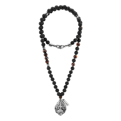 Collar de 41.5cm con piedras 8mm, con cuentas y dije doble vista con mantra de protección y buda en acero anticado - Joyería y bisutería fina