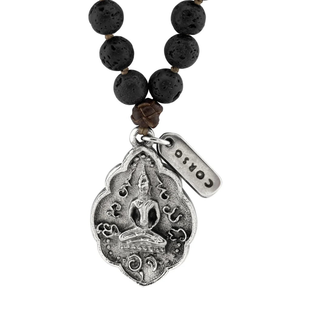 Collar de 41.5cm con piedras 8mm, con cuentas y dije doble vista con mantra de protección y buda en acero anticado - Joyería y bisutería fina