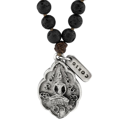 Collar de 41.5cm con piedras 8mm, con cuentas y dije doble vista con mantra de protección y buda en acero anticado - Joyería y bisutería fina