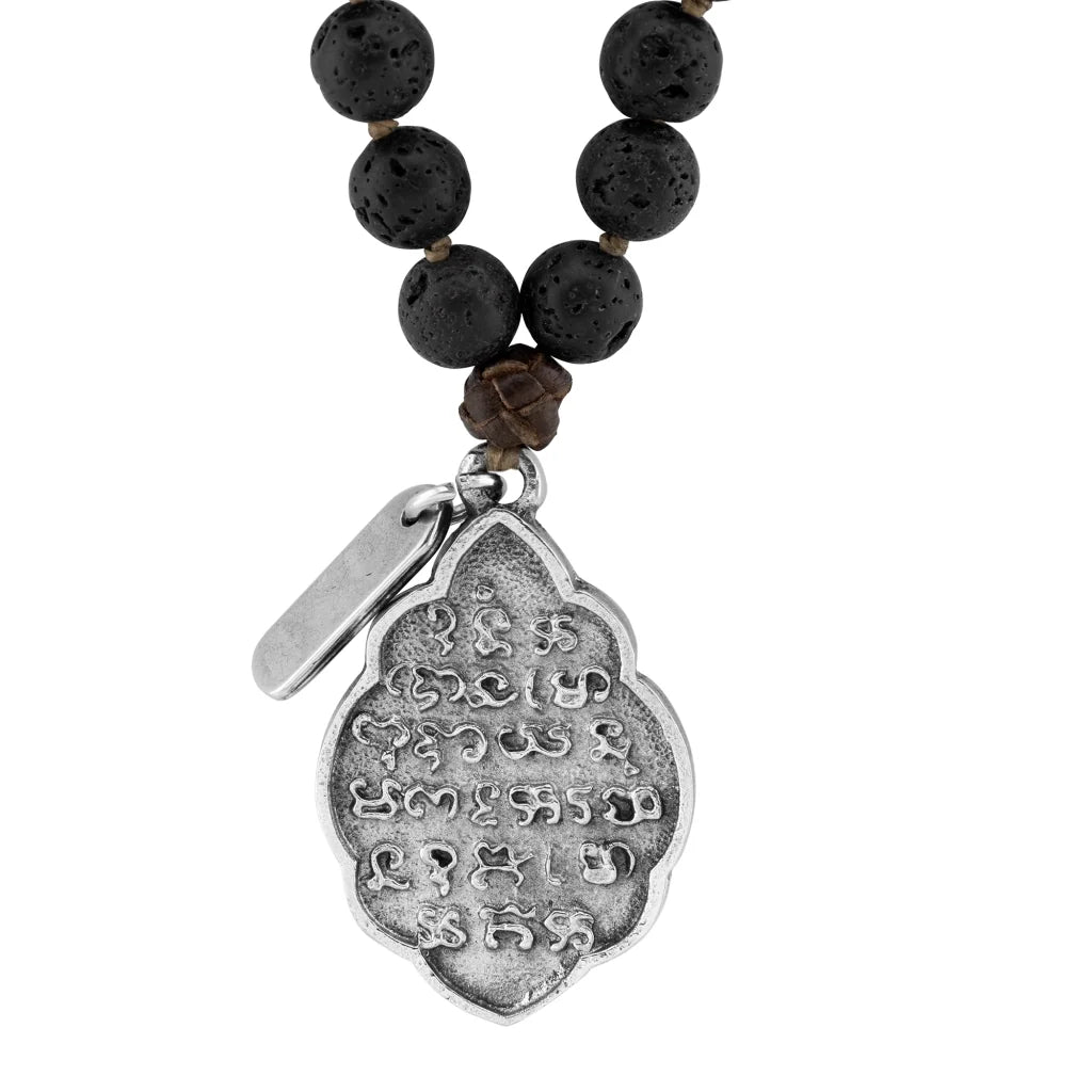 Collar de 41.5cm con piedras 8mm, con cuentas y dije doble vista con mantra de protección y buda en acero anticado - Joyería y bisutería fina