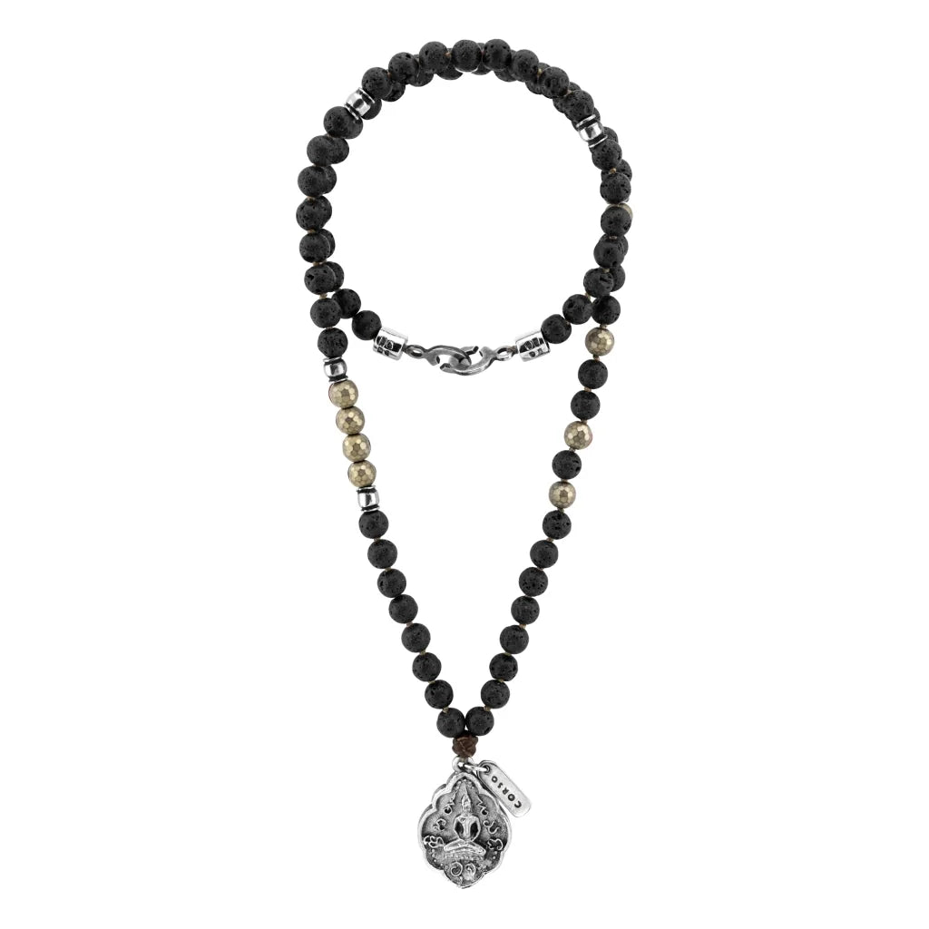 Collar de 41.5cm con piedras 8mm, con cuentas y dije doble vista con mantra de protección y buda en acero anticado - Joyería y bisutería fina