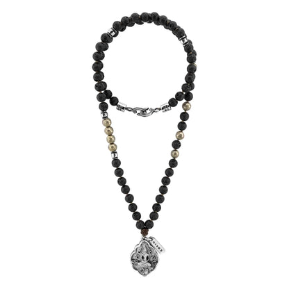 Collar de 41.5cm con piedras 8mm, con cuentas y dije doble vista con mantra de protección y buda en acero anticado - Joyería y bisutería fina