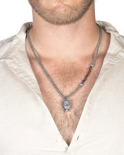 Collar de 38cm, con piedras de 6mm, con dije de cabeza de buda en terminado acero pulido - Joyería y bisutería fina
