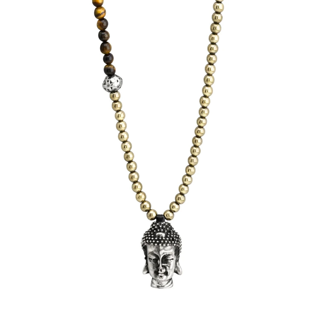 Collar de 38cm, con piedras de 6mm, con dije de cabeza de buda en terminado acero pulido - Joyería y bisutería fina