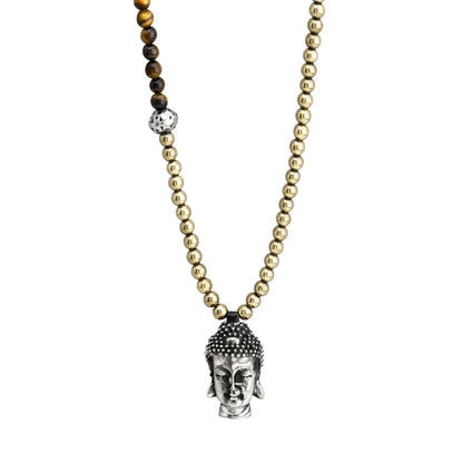 Collar de 38cm, con piedras de 6mm, con dije de cabeza de buda en terminado acero pulido - Joyería y bisutería fina