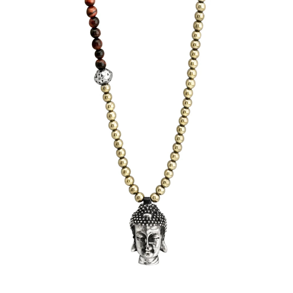 Collar de 38cm, con piedras de 6mm, con dije de cabeza de buda en terminado acero pulido - Joyería y bisutería fina