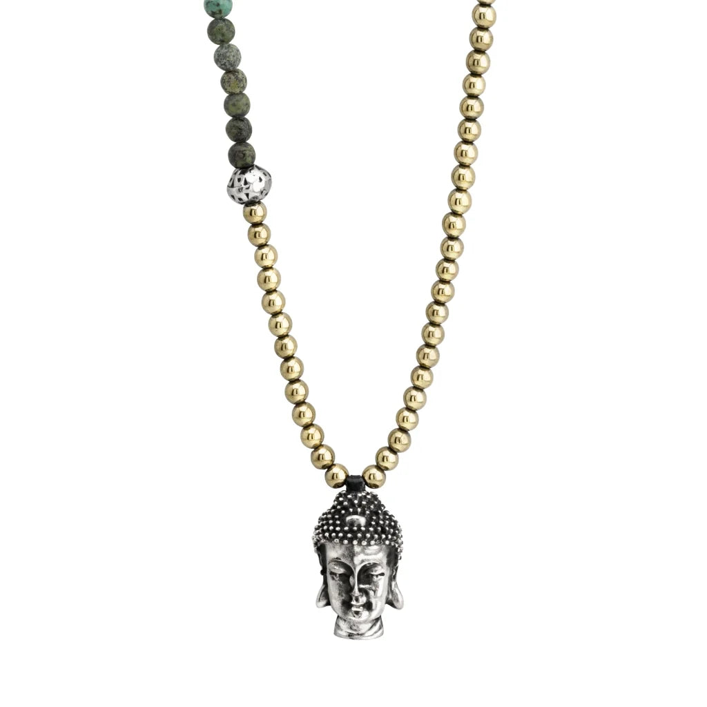 Collar de 38cm, con piedras de 6mm, con dije de cabeza de buda en terminado acero pulido - Joyería y bisutería fina