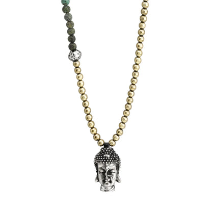 Collar de 38cm, con piedras de 6mm, con dije de cabeza de buda en terminado acero pulido - Joyería y bisutería fina