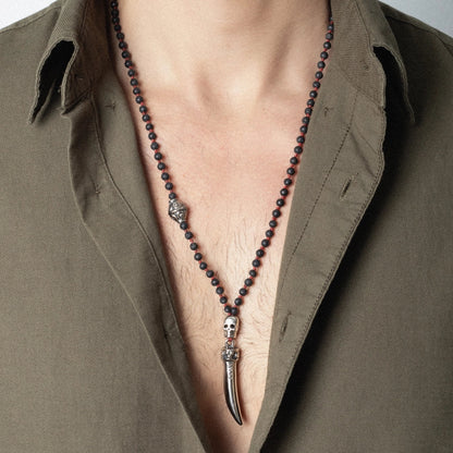 Collar de 36cm, con piedras 6mm, con dije de calavera y colmillo en acero pulido - Joyería y bisutería fina