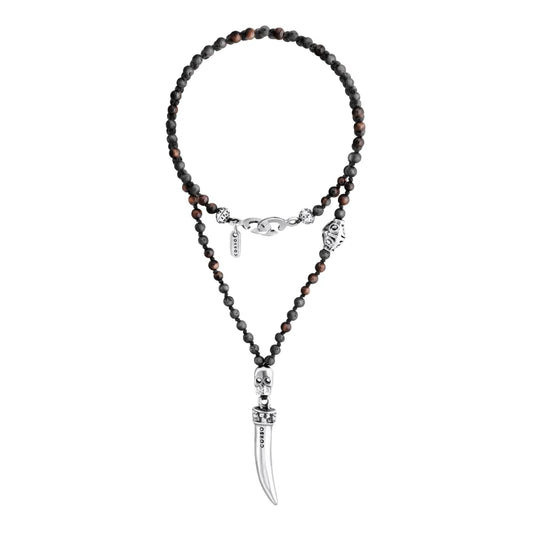 Collar de 36cm, con piedras 6mm, con dije de calavera y colmillo en acero pulido - Joyería y bisutería fina