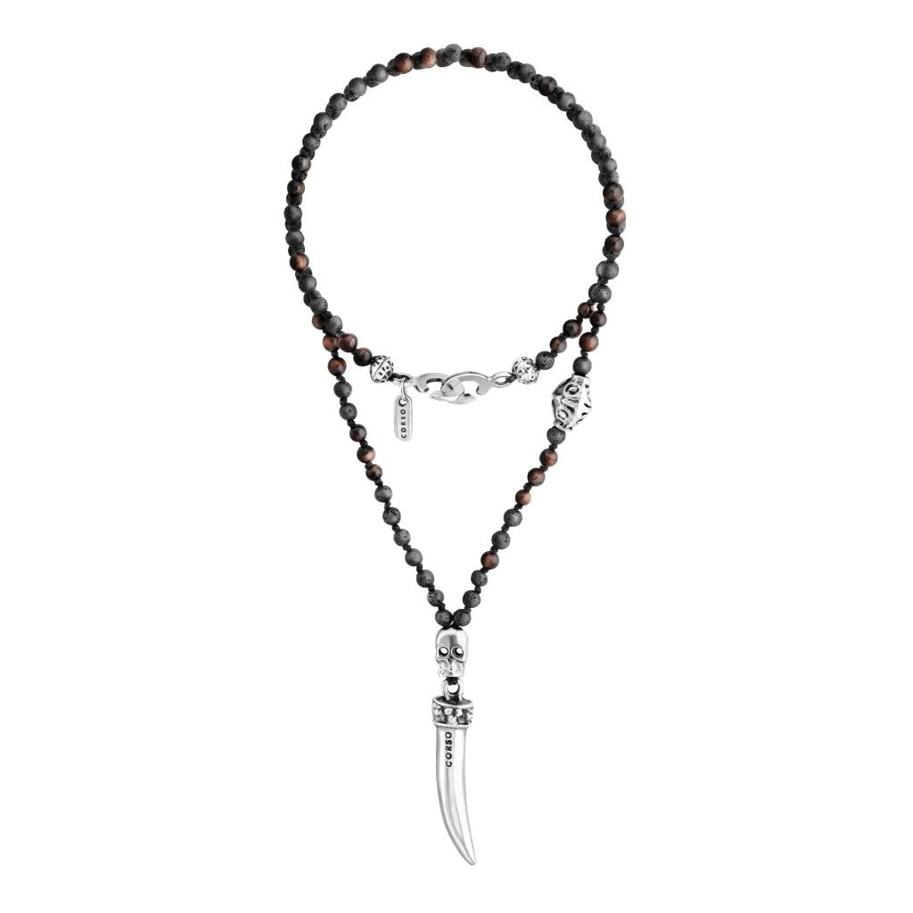Collar de 36cm, con piedras 6mm, con dije de calavera y colmillo en acero pulido - Joyería y bisutería fina
