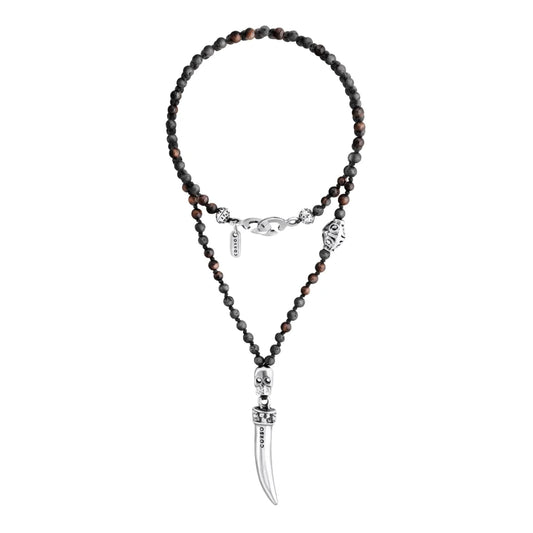 Collar de 36cm, con piedras 6mm, con dije de calavera y colmillo en acero pulido - Joyería y bisutería fina