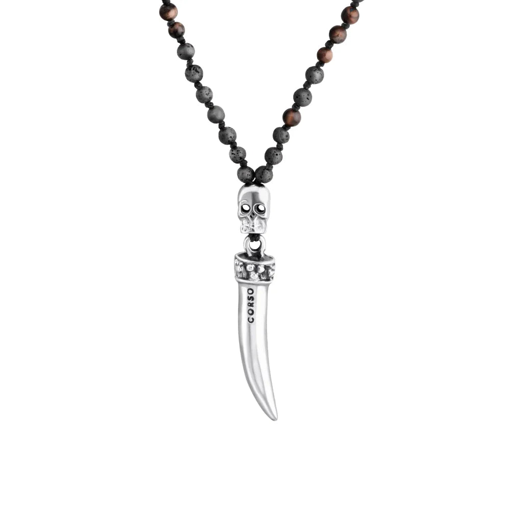 Collar de 36cm, con piedras 6mm, con dije de calavera y colmillo en acero pulido - Joyería y bisutería fina