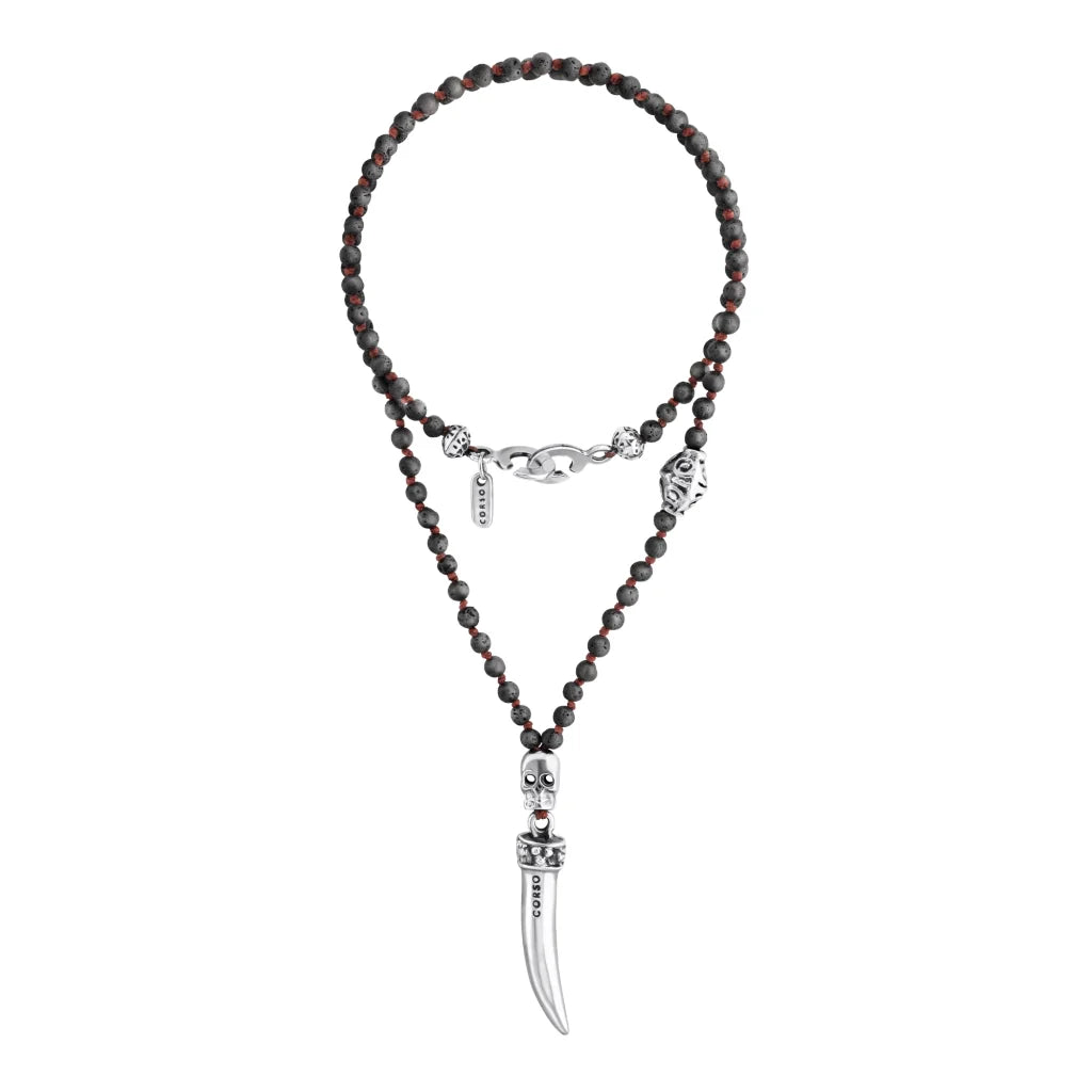 Collar de 36cm, con piedras 6mm, con dije de calavera y colmillo en acero pulido - Joyería y bisutería fina
