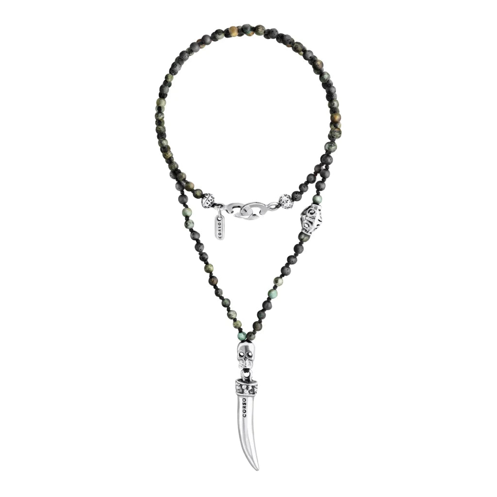 Collar de 36cm, con piedras 6mm, con dije de calavera y colmillo en acero pulido - Joyería y bisutería fina