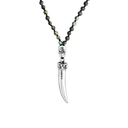 Collar de 36cm, con piedras 6mm, con dije de calavera y colmillo en acero pulido - Joyería y bisutería fina
