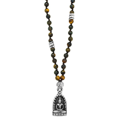 Collar de 41cm con piedras 6mm, dije de Buddha y espirales en terminado de acero pulido - Joyería y bisutería fina