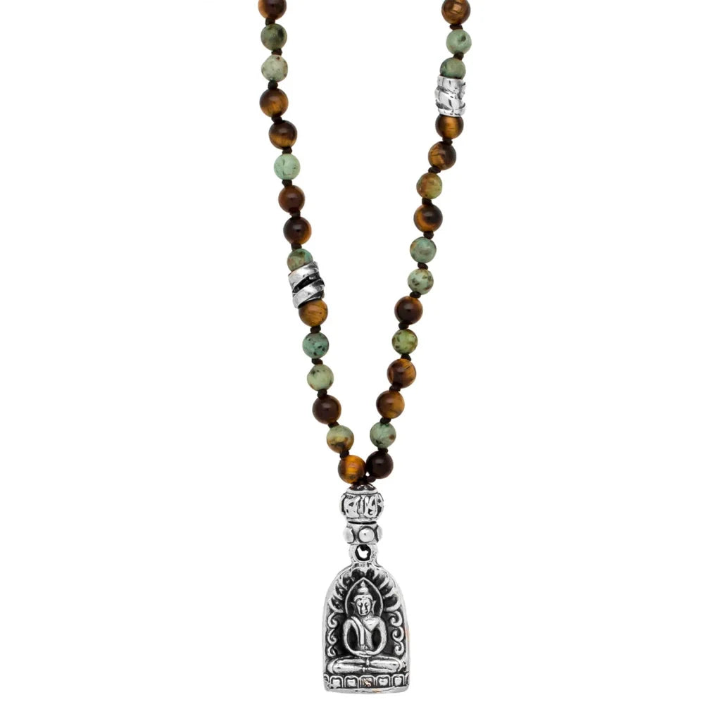 Collar de 41cm con piedras 6mm, dije de Buddha y espirales en terminado de acero pulido - Joyería y bisutería fina