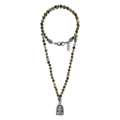 Collar de 41cm con piedras 6mm, dije de Buddha y espirales en terminado de acero pulido - Joyería y bisutería fina