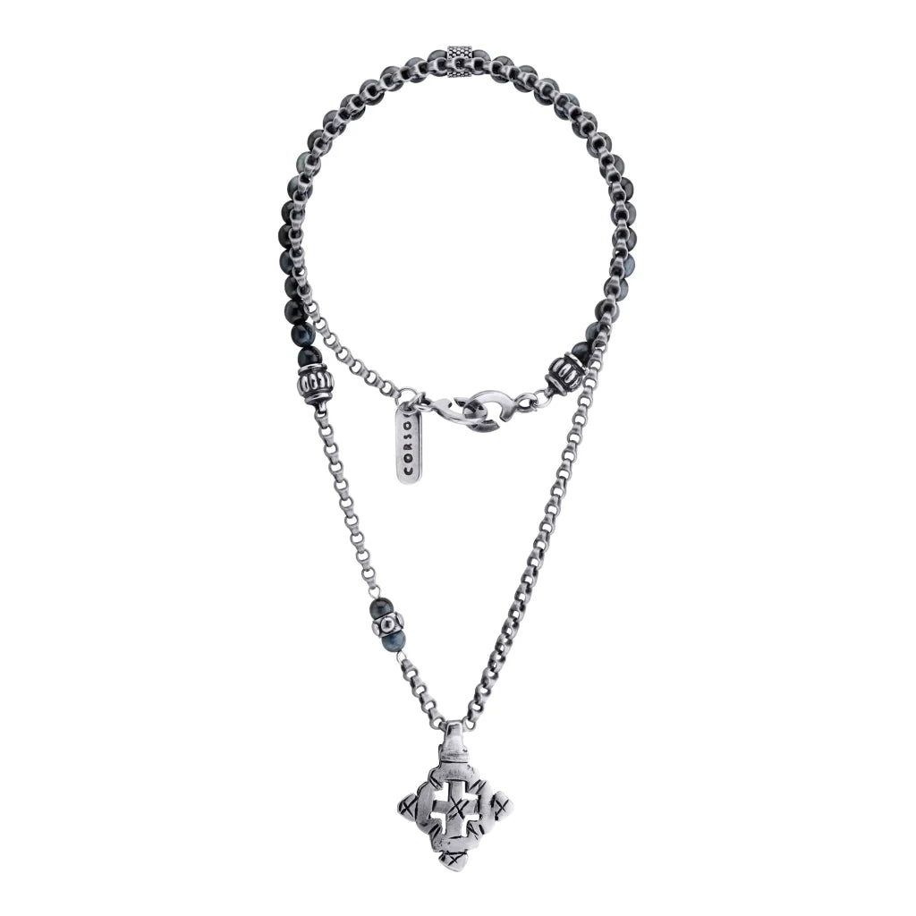 Collar de 35.5cm con piedras de 6mm,cadena de acero anticado y dije de cruz africana barroca en terminado de acero pulido - Joyería y bisutería fina
