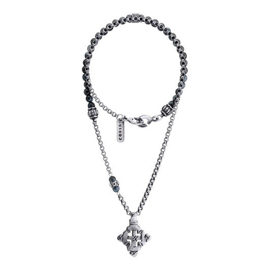 Collar de 35.5cm con piedras de 6mm,cadena de acero anticado y dije de cruz africana barroca en terminado de acero pulido - Joyería y bisutería fina
