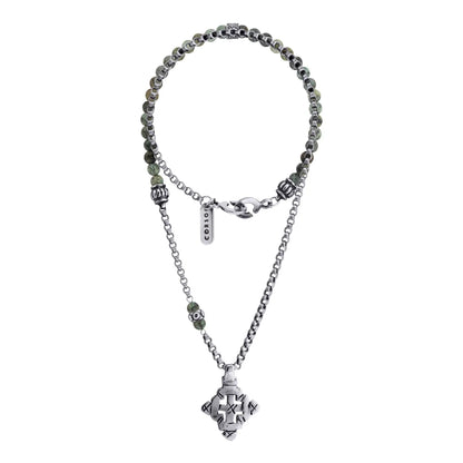 Collar de 35.5cm con piedras de 6mm,cadena de acero anticado y dije de cruz africana barroca en terminado de acero pulido - Joyería y bisutería fina