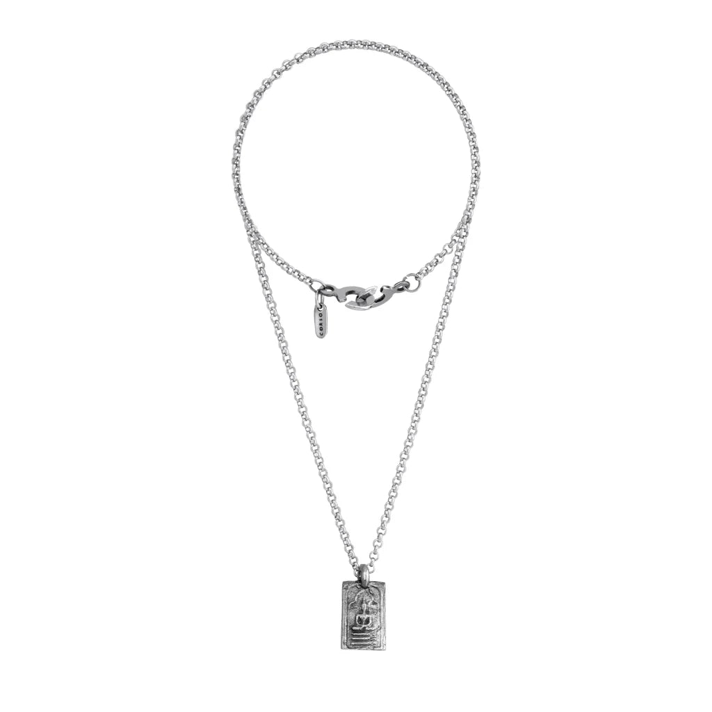 Collar de 32.5cm con cadena de acero anticado y dije de Phra Somdej en terminado en acero pulido - Joyería y bisutería fina