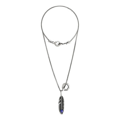 Collar de 38cm con piedra 6mm, cadena de acero anticado, con rueda Corso y dije de pluma en terminado de acero pulido - Joyería y bisutería fina