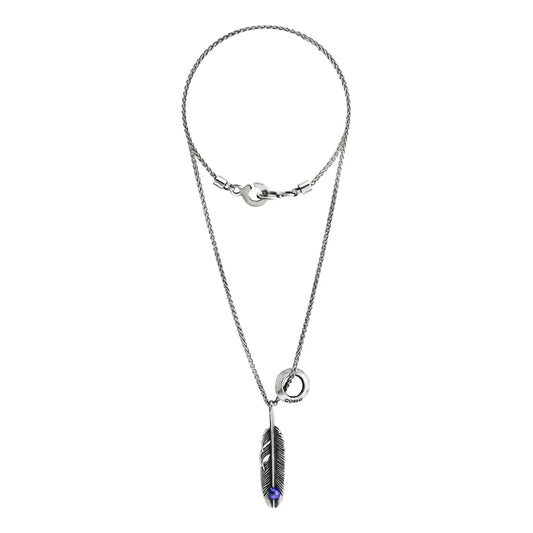 Collar de 38cm con piedra 6mm, cadena de acero anticado, con rueda Corso y dije de pluma en terminado de acero pulido - Joyería y bisutería fina