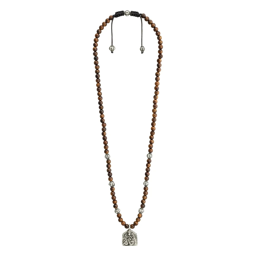 Collar de 32cm con cuentas de madera de ébano de Nepal 6mm, con esferas y dije de Durga Maa en terminado de latón o acero anticado - Joyería y bisutería fina