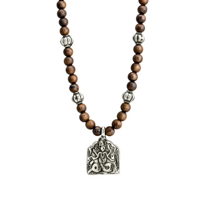 Collar de 32cm con cuentas de madera de ébano de Nepal 6mm, con esferas y dije de Durga Maa en terminado de latón o acero anticado - Joyería y bisutería fina