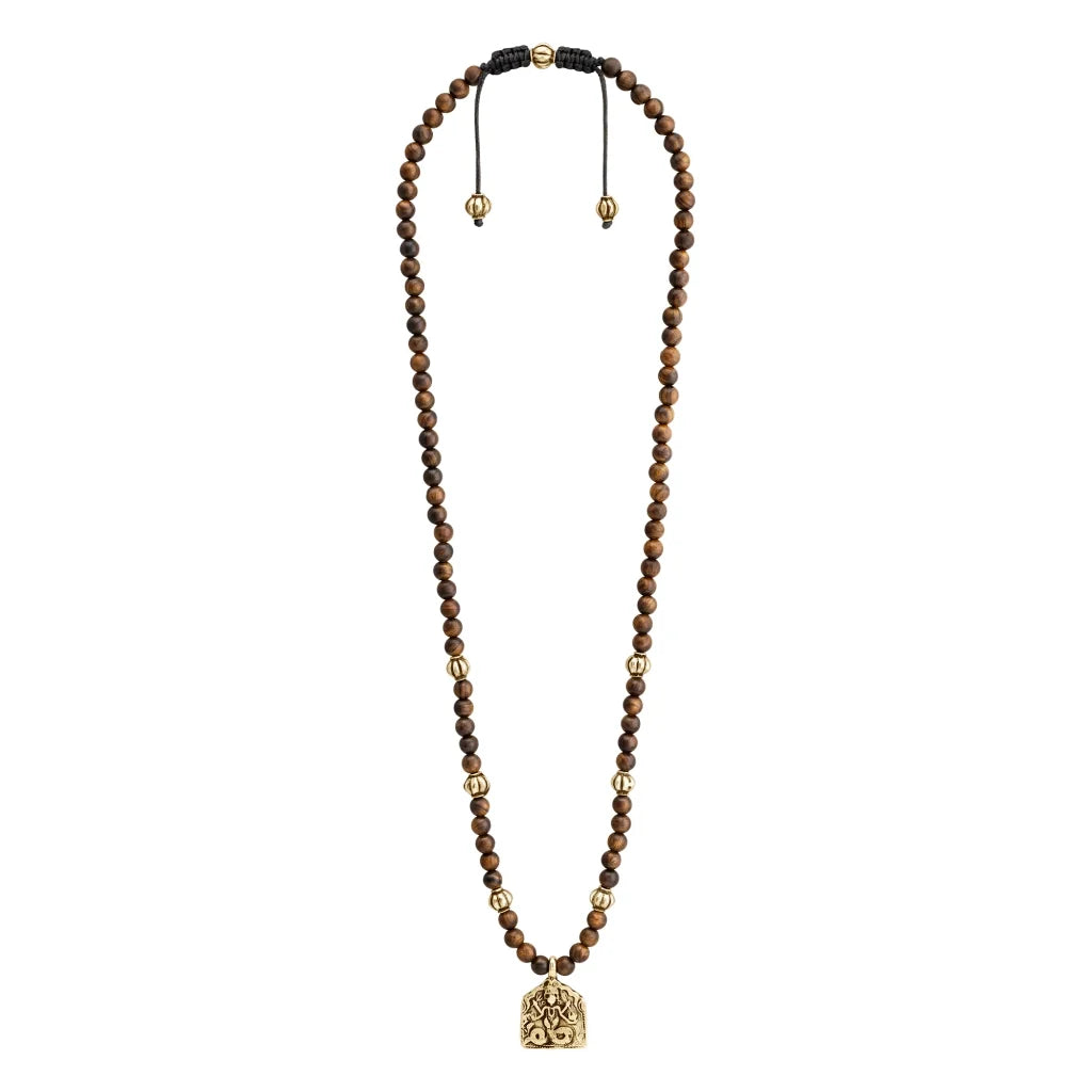 Collar de 32cm con cuentas de madera de ébano de Nepal 6mm, con esferas y dije de Durga Maa en terminado de latón o acero anticado - Joyería y bisutería fina