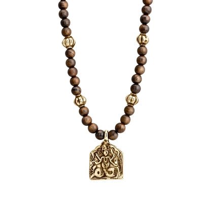 Collar de 32cm con cuentas de madera de ébano de Nepal 6mm, con esferas y dije de Durga Maa en terminado de latón o acero anticado - Joyería y bisutería fina