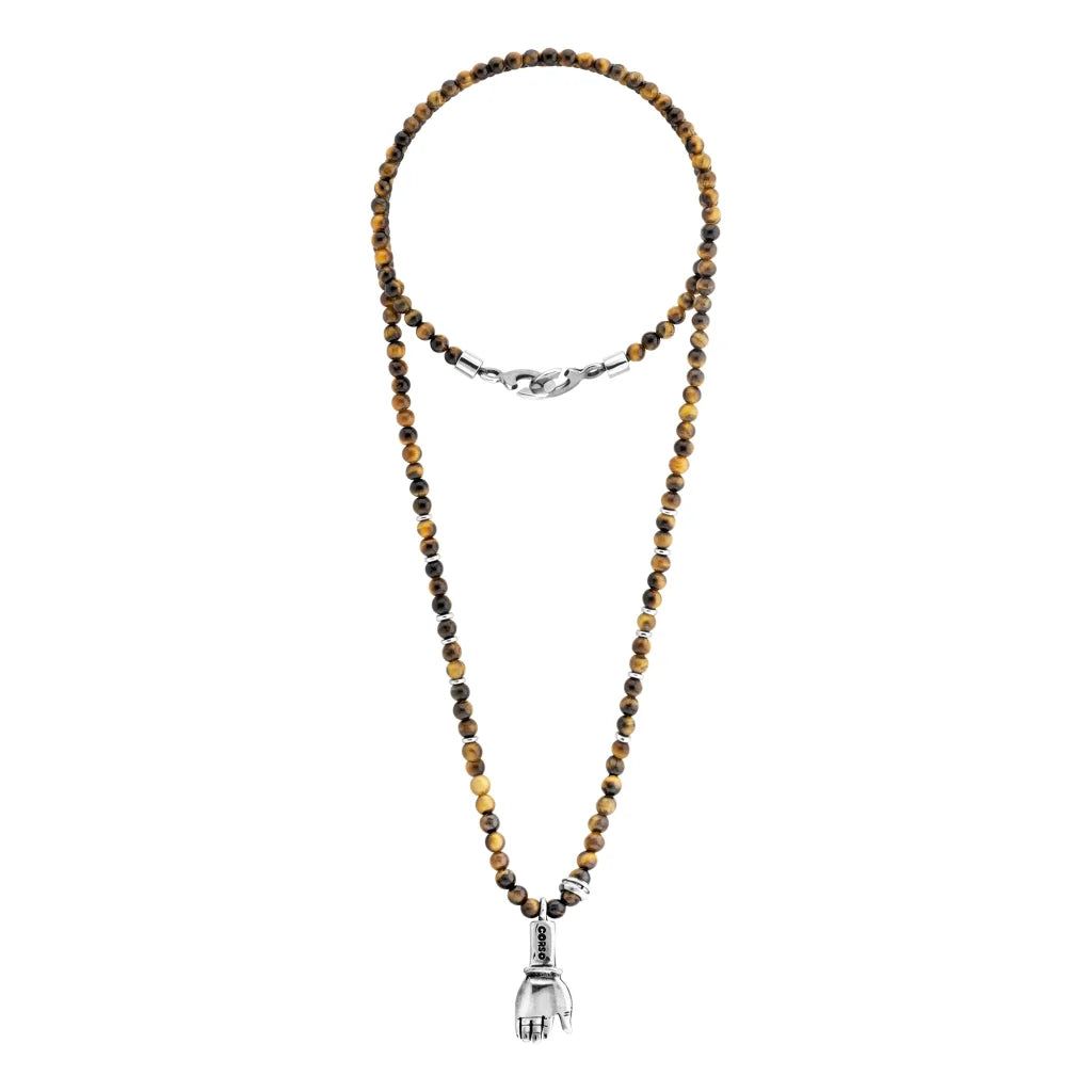 Collar con dije de mano en acero pulido con mini donas plateadas, con largo de 40cm - Joyería y bisutería fina