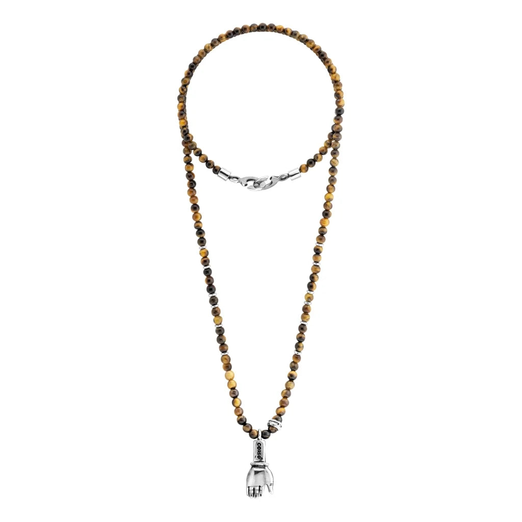 Collar con dije de mano en acero pulido con mini donas plateadas, con largo de 40cm - Joyería y bisutería fina