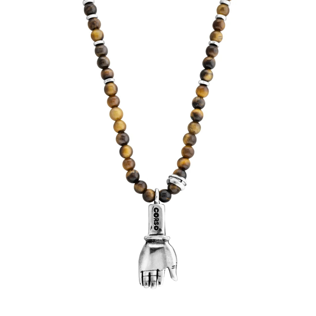 Collar con dije de mano en acero pulido con mini donas plateadas, con largo de 40cm - Joyería y bisutería fina