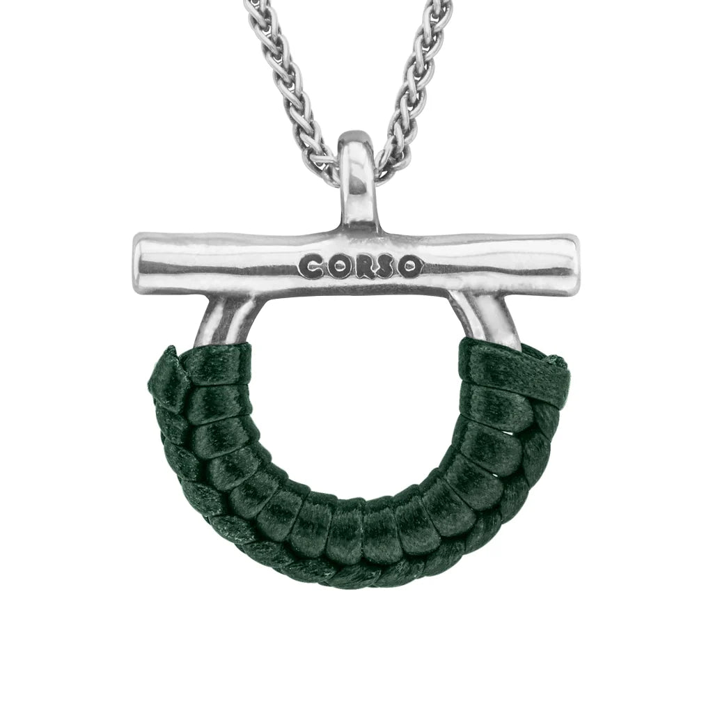 Collar de 39cm con cadena de acero inoxidable, con dije de omega en terminado de acero pulido con piel tejida - Joyería y bisutería fina