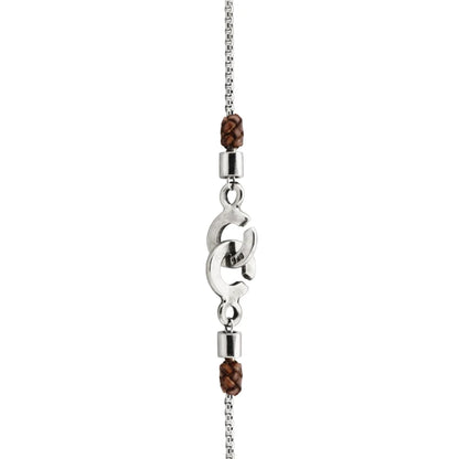 Collar de 36cm, con detalles en piel, con cadena de acero inoxidable y dije de mano en terminado de acero pulido - Joyería y bisutería fina