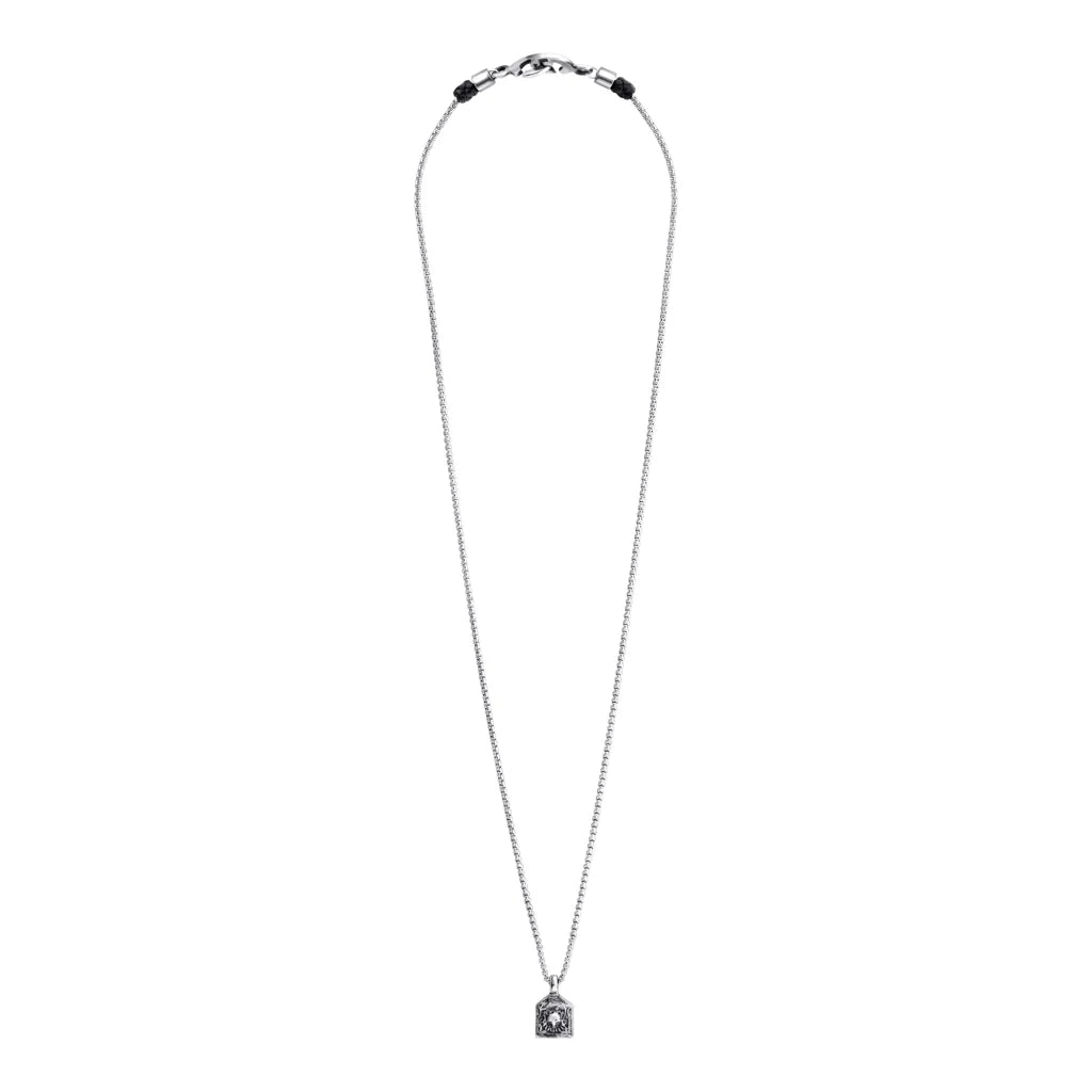 Collar de 35cm con detalles en piel, cadena de acero inoxidable y dije de sol del taro en terminado de acero pulido - Joyería y bisutería fina