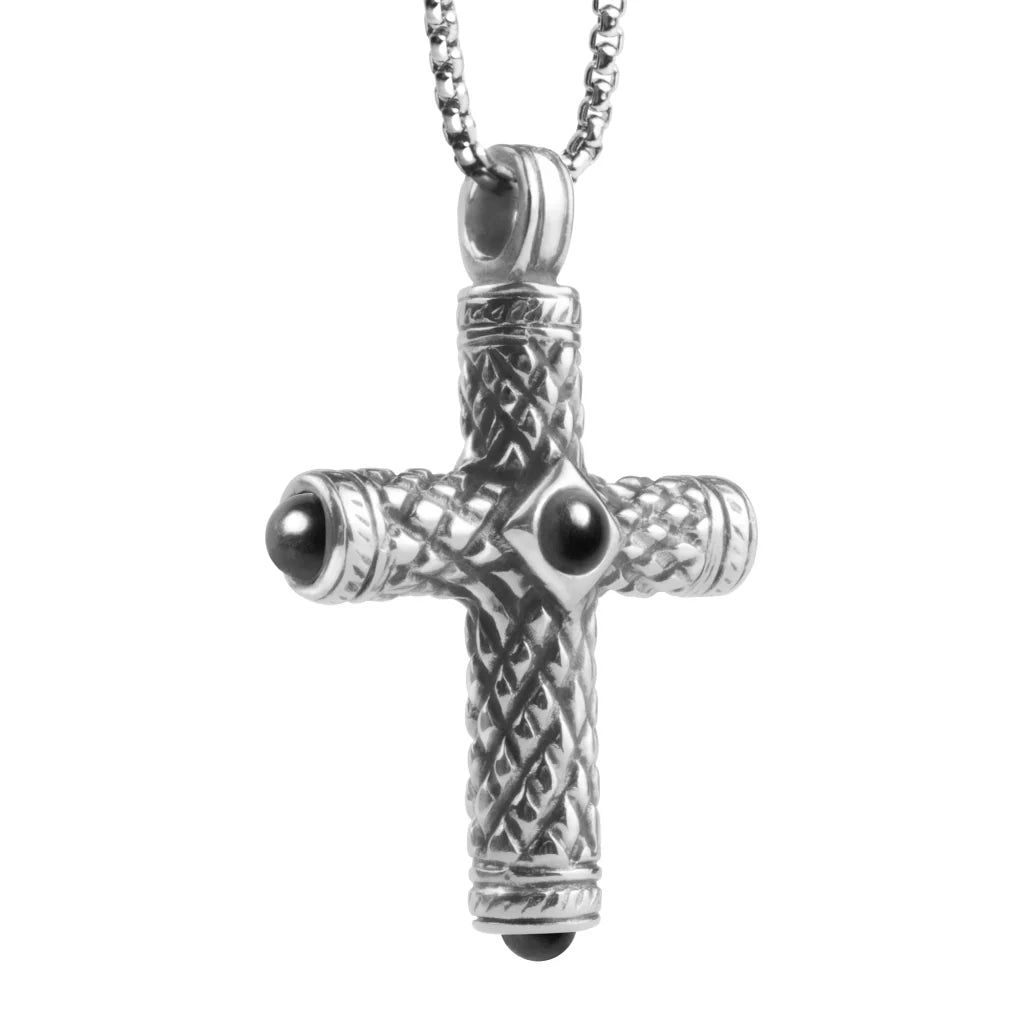 Collar de 36cm, con piedras de 6mm, con dije de cruz y mini donas en terminado de acero anticado - Joyería y bisutería fina