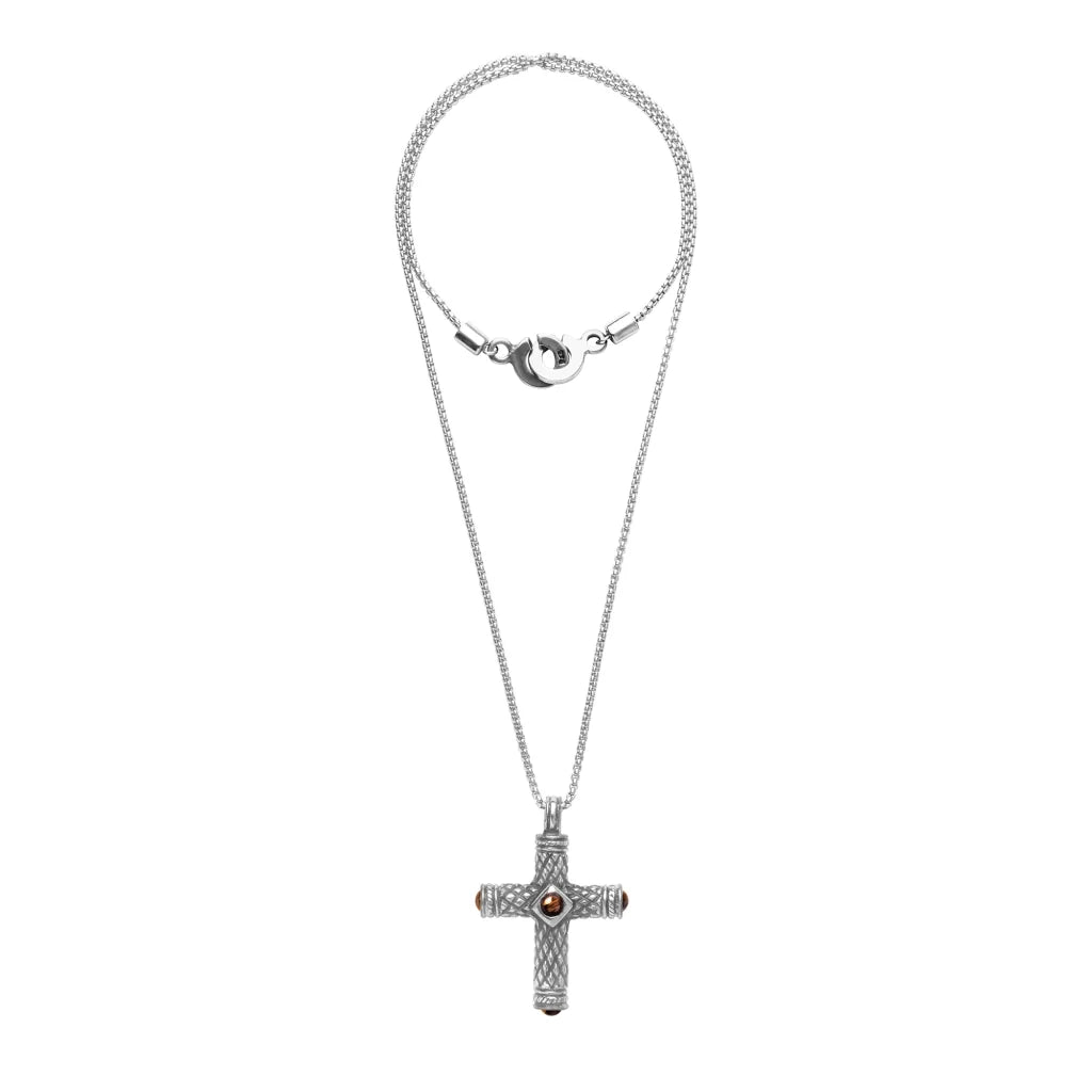 Collar de 36cm, con piedras de 6mm, con dije de cruz y mini donas en terminado de acero anticado - Joyería y bisutería fina
