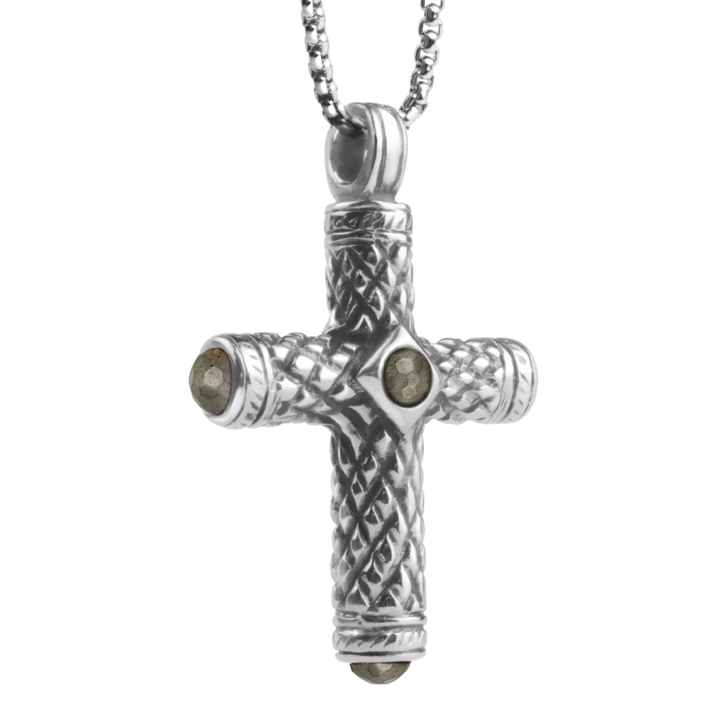 Collar de 36cm, con piedras de 6mm, con dije de cruz y mini donas en terminado de acero anticado - Joyería y bisutería fina